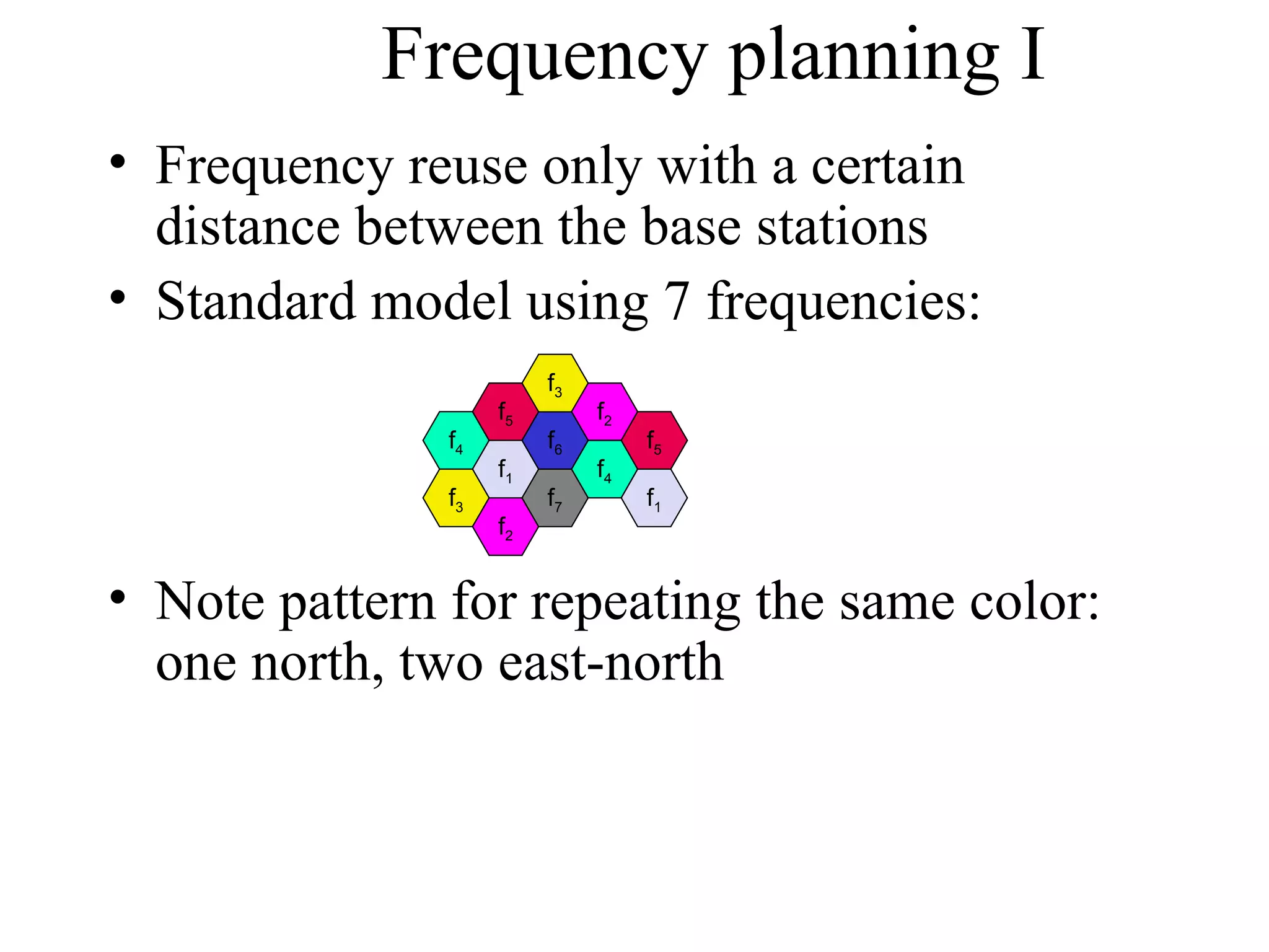Frequency planning I
• Frequency reuse only with a certain
  distance between the base stations
• Standard model using 7 frequencies:
                         f3
                    f5        f2
               f4        f6        f5
                    f1        f4
               f3        f7        f1
                    f2


• Note pattern for repeating the same color:
  one north, two east-north
 