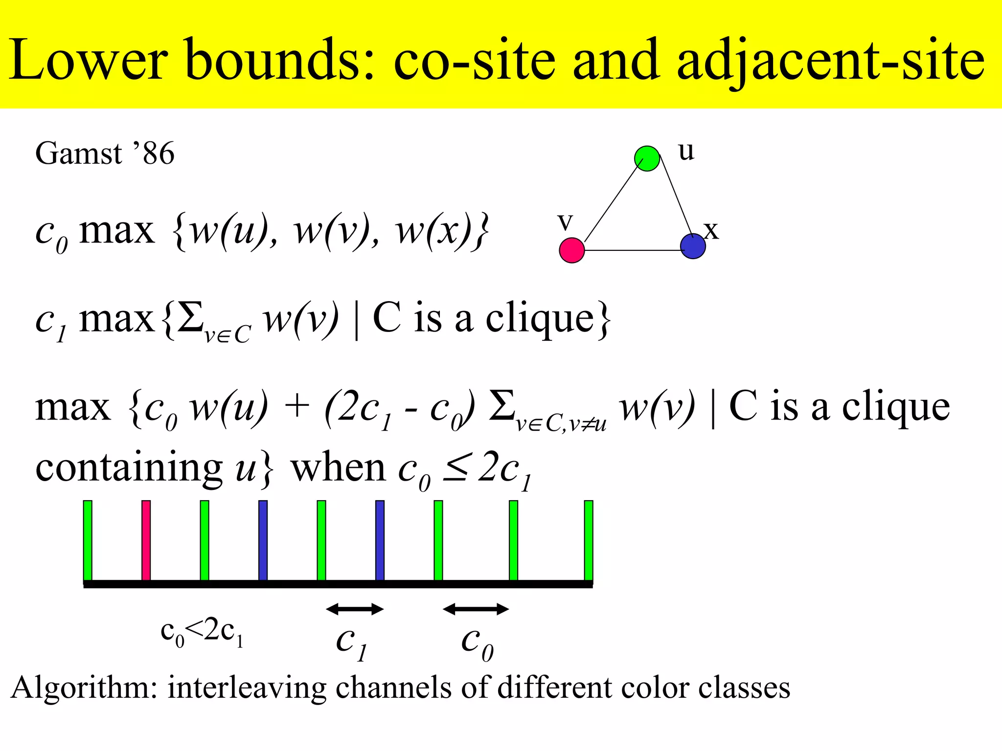 Lower bounds: co-site and adjacent-site
 Gamst ’86                                        u

 c0 max {w(u), w(v), w(x)}               v            x

 c1 max{Σv∈C w(v) | C is a clique}
 max {c0 w(u) + (2c1 - c0) Σv∈C,v≠u w(v) | C is a clique
 containing u} when c0 ≤ 2c1


           c0<2c1       c1        c0
Algorithm: interleaving channels of different color classes
 