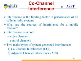 Name of Institution
25
Co-Channel
Interference
 Interference is the limiting factor in performance of all
cellular radio systems
 What are the sources of interference for a mobile
receiver?
 Interference is in both
– voice channels
– control channels
 Two major types of system-generated interference:
1) Co-Channel Interference (CCI)
2) Adjacent Channel Interference (ACI)
 