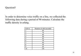 26
Question5
In order to determine voice traffic on a line, we collected the
following data during a period of 90 minutes. Calculate the
traffic density in erlang.
 