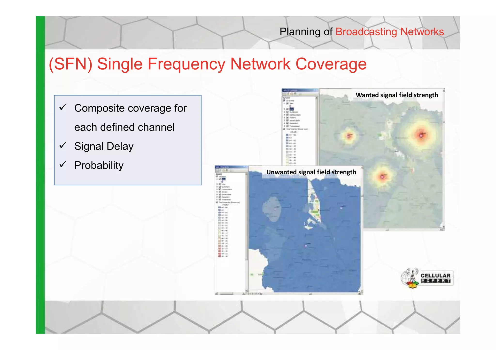 (SFN) Single Frequency Network Coverage
Composite coverage for
each defined channel
Signal Delay
Probability
Unwanted signal field strength
Wanted signal field strength
Planning of Broadcasting Networks
Unwanted signal field strength
 
