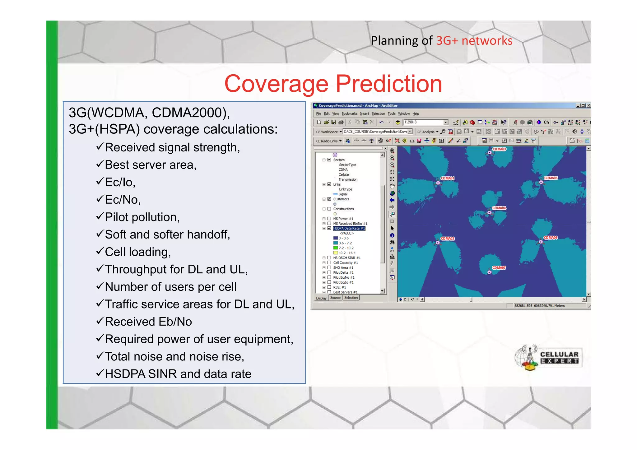Coverage Prediction
Planning of 3G+ networks
3G(WCDMA, CDMA2000),
3G+(HSPA) coverage calculations:
Received signal strength,
Best server area,
Ec/Io,
Ec/No,
Pilot pollution,
Soft and softer handoff,
Cell loading,
Throughput for DL and UL,
Number of users per cell
Traffic service areas for DL and UL,
Received Eb/No
Required power of user equipment,
Total noise and noise rise,
HSDPA SINR and data rate
 