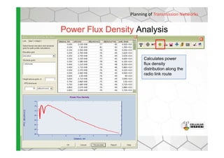 Planning of Transmission Networks
Power Flux Density Analysis
Calculates power
flux density
distribution along the
radio link route
 