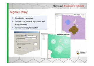 Signal delay calculation
Estimation of network equipment and
multipath delay
Various result’s symbolization
Signal Delay:
Main signal source
Planning of Broadcasting Networks
Main signal delay time
 