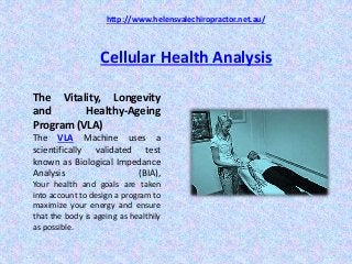 Cellular Health Analysis
The Vitality, Longevity
and Healthy-Ageing
Program (VLA)
The VLA Machine uses a
scientifically validated test
known as Biological Impedance
Analysis (BIA),
Your health and goals are taken
into account to design a program to
maximize your energy and ensure
that the body is ageing as healthily
as possible.
http://www.helensvalechiropractor.net.au/
 