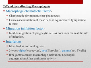 2)Cytokines affecting Macrophages-
 Macrophage chemotactic factor-
 Chemotactic for mononuclear phagocytes.
 Causes accumulation of these cells at Ag mediated lymphokine
release.
 Migration inhibition factor-
 Inhibits migration of phagocytic cells & localizes them at the site
of infection.
 Interferons-
 Identified as antiviral agents
 3 types-alpha(leucocytes), beta(fibroblast), gamma(act. T cells)
 IFN gamma causes macrophage activation, neutrophil
augmentation & has antitumor activity.
 
