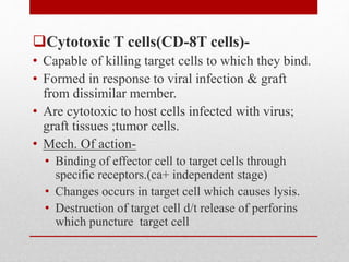 Cytotoxic T cells(CD-8T cells)-
• Capable of killing target cells to which they bind.
• Formed in response to viral infection & graft
from dissimilar member.
• Are cytotoxic to host cells infected with virus;
graft tissues ;tumor cells.
• Mech. Of action-
• Binding of effector cell to target cells through
specific receptors.(ca+ independent stage)
• Changes occurs in target cell which causes lysis.
• Destruction of target cell d/t release of perforins
which puncture target cell
 
