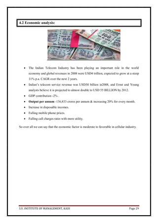 S.V. INSTITUTE OF MANAGEMENT, KADI Page 29
4.2 Economic analysis:
 The Indian Telecom Industry has been playing an important role in the world
economy and global revenues in 2008 were USD4 trillion, expected to grow at a steep
11% p.a. CAGR over the next 2 years.
 Indian’s telecom service revenue was USD30 billion in2008, and Ernst and Young
analysts believe it is projected to almost double to USD 55 BILLION by 2012.
 GDP contribution -2% .
 Output per annum -136,833 crores per annum & increasing 20% for every month.
 Increase in disposable incomes.
 Falling mobile phone prices.
 Falling call charges rates with more utility.
So over all we can say that the economic factor is moderate to favorable in cellular industry.
 