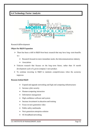 S.V. INSTITUTE OF MANAGEMENT, KADI Page 32
4.4 Technology Factor Analysis:
Research &Development
Object for R&D Expansion
 There has been a shift in R&D from basic research that may have long- term benefits
to:-
 Research focused on more immediate needs, the telecommunications industry
 Association
 Telecom research that focuses on the long–term future, rather than 18 month
development cycle of a given company’s next product.
 To continue investing in R&D to maintain competitiveness when the economy
improves
Reasons behind R&D
 Expand and upgrade networking and high end computing infrastructures
 Increase cyber security
 Human-computing interaction
 Information management
 High confidence software and system
 Increase investment in education and training
 Focus on next generation video
 Public safety multimedia
 Next generation enterprise solution
 4G broadband networking
 