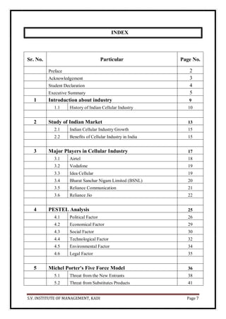 S.V. INSTITUTE OF MANAGEMENT, KADI Page 7
INDEX
Sr. No. Particular Page No.
Preface 2
Acknowledgement 3
Student Declaration 4
Executive Summary 5
1 Introduction about industry 9
1.1 History of Indian Cellular Industry 10
2 Study of Indian Market 13
2.1 Indian Cellular Industry Growth 15
2.2 Benefits of Cellular Industry in India 15
3 Major Players in Cellular Industry 17
3.1 Airtel 18
3.2 Vodafone 19
3.3 Idea Cellular 19
3.4 Bharat Sanchar Nigam Limited (BSNL) 20
3.5 Reliance Communication 21
3.6 Reliance Jio 22
4 PESTEL Analysis 25
4.1 Political Factor 26
4.2 Economical Factor 29
4.3 Social Factor 30
4.4 Technological Factor 32
4.5 Environmental Factor 34
4.6 Legal Factor 35
5 Michel Porter's Five Force Model 36
5.1 Threat from the New Entrants 38
5.2 Threat from Substitutes Products 41
 