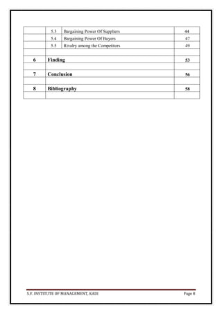S.V. INSTITUTE OF MANAGEMENT, KADI Page 8
5.3 Bargaining Power Of Suppliers 44
5.4 Bargaining Power Of Buyers 47
5.5 Rivalry among the Competitors 49
6 Finding 53
7 Conclusion 56
8 Bibliography 58
 