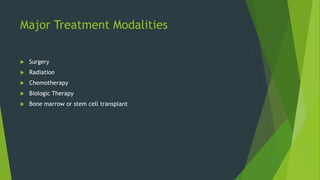 Major Treatment Modalities
 Surgery
 Radiation
 Chemotherapy
 Biologic Therapy
 Bone marrow or stem cell transplant
 