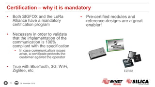 14 26 November 2015
• Both SIGFOX and the LoRa
Alliance have a mandatory
certification program
• Necessary in order to validate
that the implementation of the
communication is 100%
compliant with the specification
• In case communication issues
arise, a certificate protects the
customer against the operator
• True with BlueTooth, 3G, WiFi,
ZigBee, etc
• Pre-certified modules and
reference-designs are a great
enabler!
Certification – why it is mandatory
EZR32
 