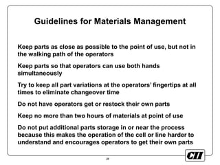 28
Guidelines for Materials Management
Keep parts as close as possible to the point of use, but not in
the walking path of the operators
Keep parts so that operators can use both hands
simultaneously
Try to keep all part variations at the operators’ fingertips at all
times to eliminate changeover time
Do not have operators get or restock their own parts
Keep no more than two hours of materials at point of use
Do not put additional parts storage in or near the process
because this makes the operation of the cell or line harder to
understand and encourages operators to get their own parts
 