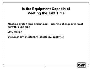 32
Is the Equipment Capable of
Meeting the Takt Time
Machine cycle + load and unload + machine changeover must
be within takt time
20% margin
Status of new machinery (capability, quality…)
 