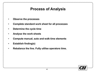 49
Process of Analysis
• Observe the processes
• Complete standard work sheet for all processes
• Determine the cycle time
• Analyse the work sheets
• Compute manual, auto and walk time elements
• Establish finding(s)
• Rebalance the line. Fully utilise operators time.
 