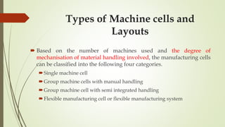Types of Machine cells and
Layouts
 Based on the number of machines used and the degree of
mechanisation of material handling involved, the manufacturing cells
can be classified into the following four categories.
Single machine cell
Group machine cells with manual handling
Group machine cell with semi integrated handling
Flexible manufacturing cell or flexible manufacturing system
 