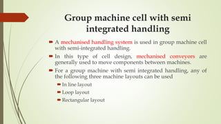 Group machine cell with semi
integrated handling
 A mechanised handling system is used in group machine cell
with semi-integrated handling.
 In this type of cell design, mechanised conveyors are
generally used to move components between machines.
 For a group machine with semi integrated handling, any of
the following three machine layouts can be used
In line layout
Loop layout
Rectangular layout
 