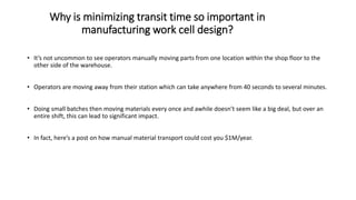Why is minimizing transit time so important in
manufacturing work cell design?
• It’s not uncommon to see operators manually moving parts from one location within the shop floor to the
other side of the warehouse.
• Operators are moving away from their station which can take anywhere from 40 seconds to several minutes.
• Doing small batches then moving materials every once and awhile doesn’t seem like a big deal, but over an
entire shift, this can lead to significant impact.
• In fact, here’s a post on how manual material transport could cost you $1M/year.
 