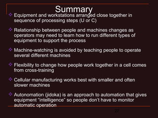 27
 Equipment and workstations arranged close together in
sequence of processing steps (U or C)
 Relationship between people and machines changes as
operators may need to learn how to run different types of
equipment to support the process
 Machine-watching is avoided by teaching people to operate
several different machines
 Flexibility to change how people work together in a cell comes
from cross-training
 Cellular manufacturing works best with smaller and often
slower machines
 Autonomation (jidoka) is an approach to automation that gives
equipment “intelligence” so people don’t have to monitor
automatic operation
Summary
 