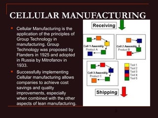 CELLULAR MANUFACTURING 
3 
 Cellular Manufacturing is the 
application of the principles of 
Group Technology in 
manufacturing. Group 
Technology was proposed by 
Flanders in 1925 and adopted 
in Russia by Mitrofanov in 
1933. 
 Successfully implementing 
Cellular manufacturing allows 
companies to achieve cost 
savings and quality 
improvements, especially 
when combined with the other 
aspects of lean manufacturing. 
 