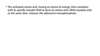 • The activated amino acid, having an excess of energy, then combines
with its specific transfer RNA to form an amino acid–tRNA complex and,
at the same time, releases the adenosine monophosphate.
 