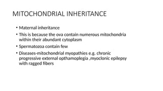 MITOCHONDRIAL INHERITANCE
• Maternal inheritance
• This is because the ova contain numerous mitochondria
within their abundant cytoplasm
• Spermatozoa contain few
• Diseases-mitochondrial myopathies e.g. chronic
progressive external opthamoplegia ,myoclonic epilepsy
with ragged fibers
 