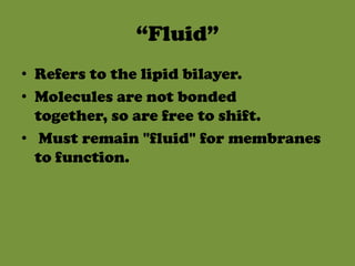 “Fluid”Refers to the lipid bilayer.Molecules are not bonded together, so are free to shift. Must remain "fluid" for membranes to function.
