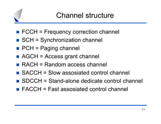 Channel structure

FCCH = Frequency correction channel
SCH = Synchronization channel
PCH = Paging channel
AGCH = Access grant channel
RACH = Random access channel
SACCH = Slow assosiated control channel
SDCCH = Stand-alone dedicate control channel
FACCH = Fast assosiated control channel


                                           11
 