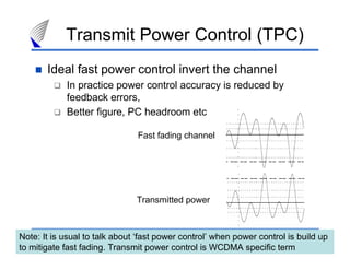 27
Transmit Power Control (TPC)
Ideal fast power control invert the channel
In practice power control accuracy is reduced by
feedback errors,
Better figure, PC headroom etc
Fast fading channel
Transmitted power
Note: It is usual to talk about ‘fast power control’ when power control is build up
to mitigate fast fading. Transmit power control is WCDMA specific term
 