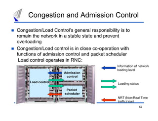 52
Congestion and Admission Control
Congestion/Load Control’s general responsibility is to
remain the network in a stable state and prevent
overloading
Congestion/Load control is in close co-operation with
functions of admission control and packet scheduler
Load control operates in RNC:
Admission
control
Packet
scheduler
Load control
Information of network
loading level
Loading status
NRT (Non-Real Time
traffic) load
 