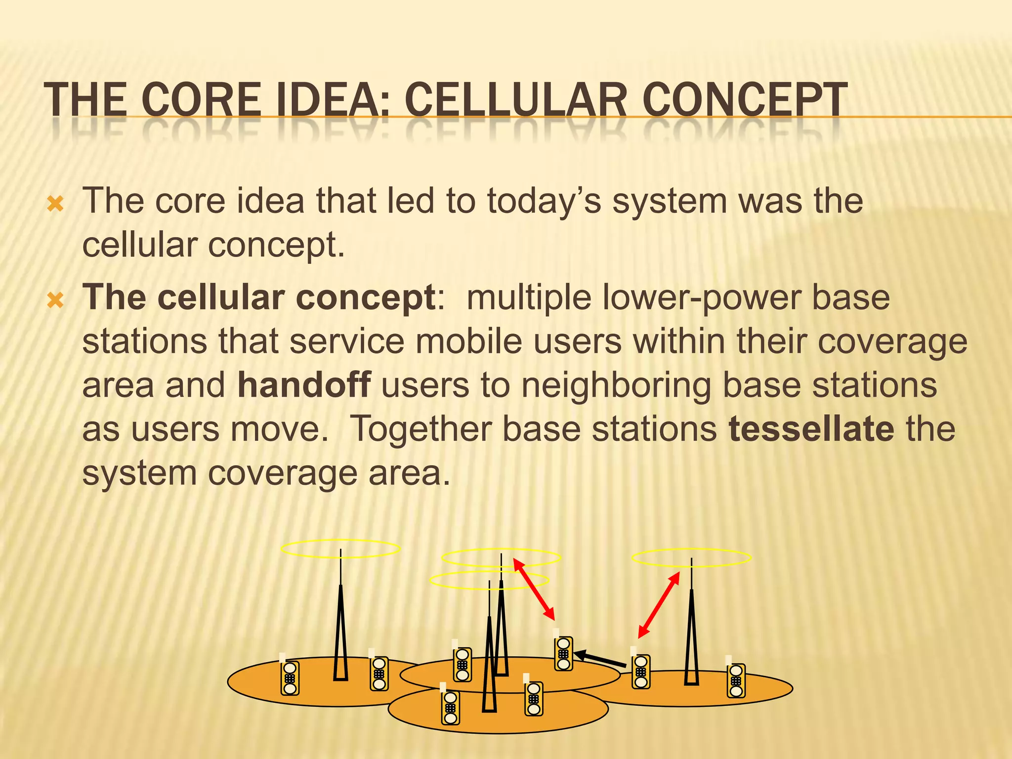 THE CORE IDEA: CELLULAR CONCEPT
   The core idea that led to today’s system was the
    cellular concept.
   The cellular concept: multiple lower-power base
    stations that service mobile users within their coverage
    area and handoff users to neighboring base stations
    as users move. Together base stations tessellate the
    system coverage area.
 