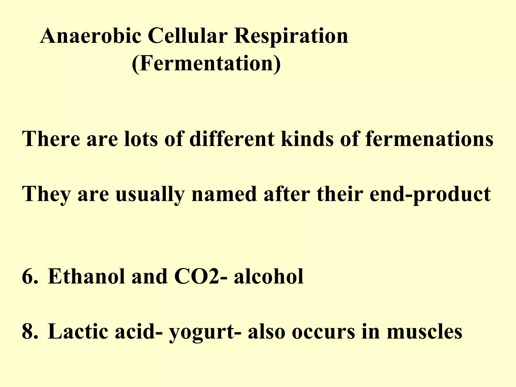 Anaerobic Cellular Respiration
         (Fermentation)


There are lots of different kinds of fermenations

They are usually named after their end-product


6. Ethanol and CO2- alcohol

8. Lactic acid- yogurt- also occurs in muscles
 