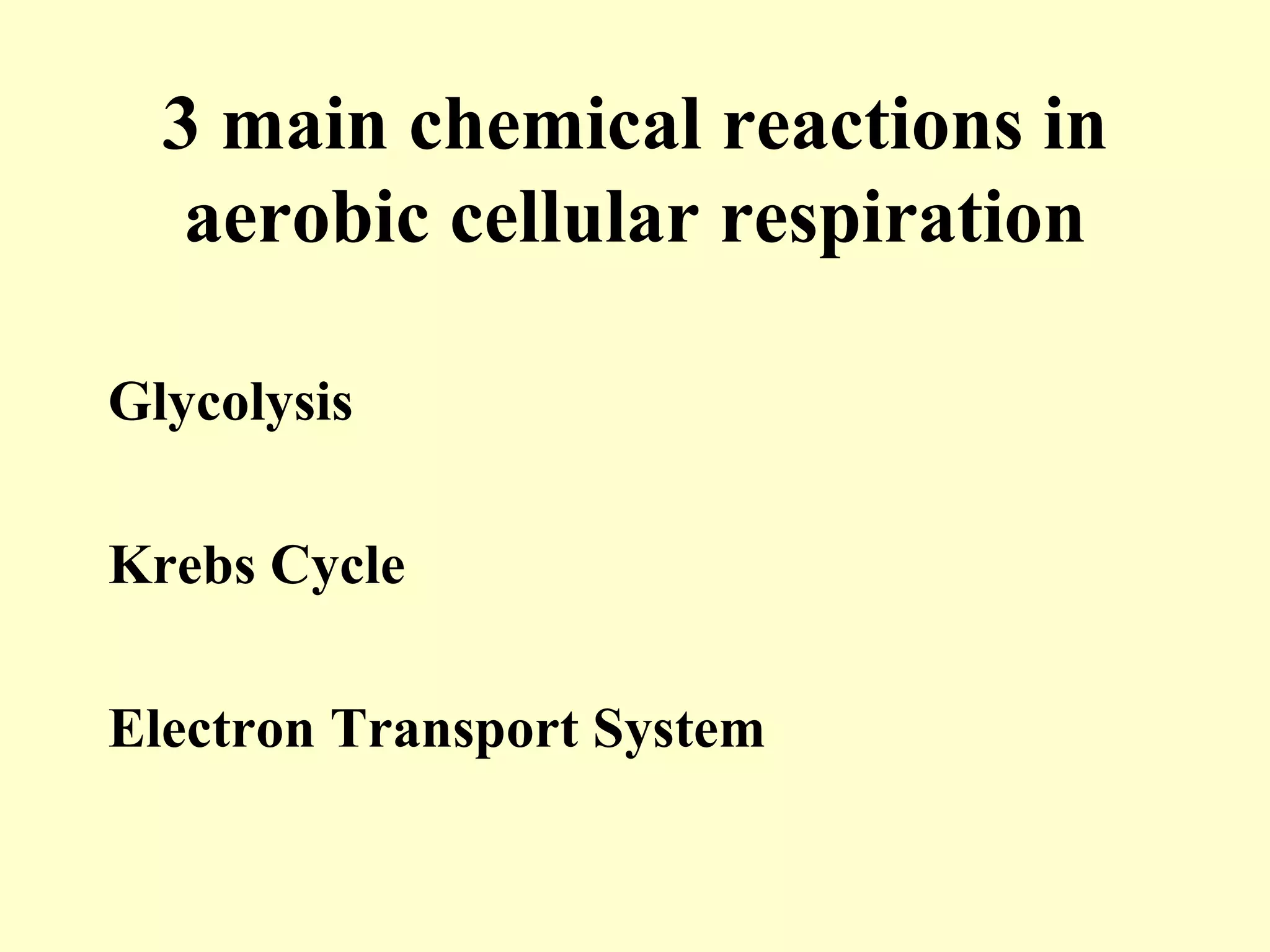3 main chemical reactions in
   aerobic cellular respiration

Glycolysis

Krebs Cycle

Electron Transport System
 