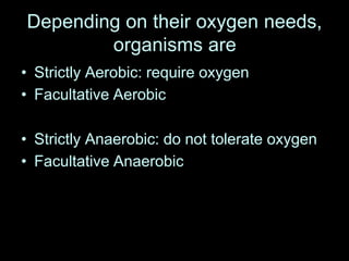 Depending on their oxygen needs,
        organisms are
• Strictly Aerobic: require oxygen
• Facultative Aerobic

• Strictly Anaerobic: do not tolerate oxygen
• Facultative Anaerobic
 