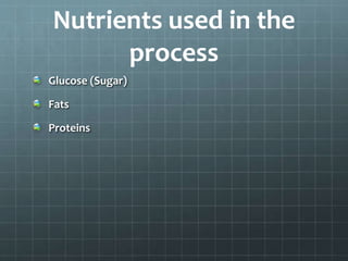 Nutrients used in the
process
Glucose (Sugar)
Fats
Proteins
 