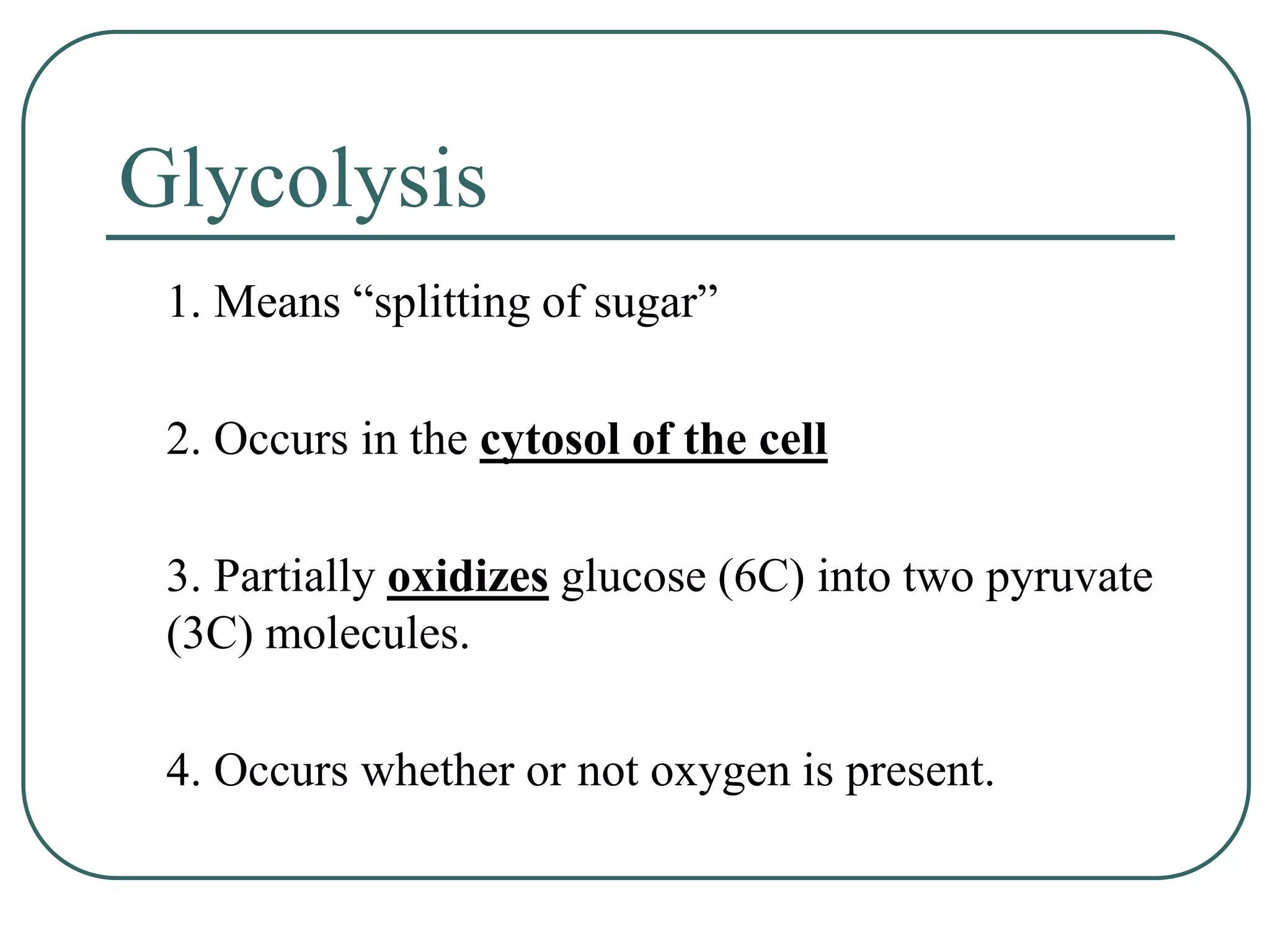Glycolysis
1. Means “splitting of sugar”
2. Occurs in the cytosol of the cell
3. Partially oxidizes glucose (6C) into two pyruvate
(3C) molecules.
4. Occurs whether or not oxygen is present.
 