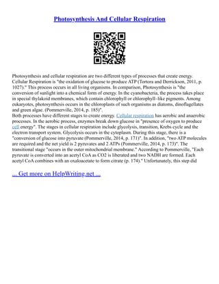 Photosynthesis And Cellular Respiration
Photosynthesis and cellular respiration are two different types of processes that create energy.
Cellular Respiration is "the oxidation of glucose to produce ATP (Tortora and Derrickson, 2011, p.
1027)." This process occurs in all living organisms. In comparison, Photosynthesis is "the
conversion of sunlight into a chemical form of energy. In the cyanobacteria, the process takes place
in special thylakoid membranes, which contain chlorophyll or chlorophyll–like pigments. Among
eukaryotes, photosynthesis occurs in the chloroplasts of such organisms as diatoms, dinoflagellates
and green algae. (Pommerville, 2014, p. 185)".
Both processes have different stages to create energy. Cellular respiration has aerobic and anaerobic
processes. In the aerobic process, enzymes break down glucose in "presence of oxygen to produce
cell energy". The stages in cellular respiration include glycolysis, transition, Krebs cycle and the
electron transport system. Glycolysis occurs in the cytoplasm. During this stage, there is a
"conversion of glucose into pyruvate (Pommerville, 2014, p. 171)". In addition, "two ATP molecules
are required and the net yield is 2 pyruvates and 2 ATPs (Pommerville, 2014, p. 173)". The
transitional stage "occurs in the outer mitochondrial membrane." According to Pommerville, "Each
pyruvate is converted into an acetyl CoA as CO2 is liberated and two NADH are formed. Each
acetyl CoA combines with an oxaloacetate to form citrate (p. 174)." Unfortunately, this step did
... Get more on HelpWriting.net ...
 