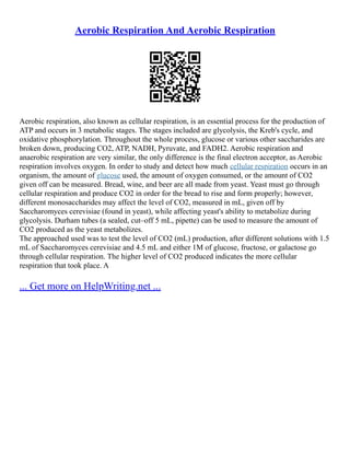 Aerobic Respiration And Aerobic Respiration
Aerobic respiration, also known as cellular respiration, is an essential process for the production of
ATP and occurs in 3 metabolic stages. The stages included are glycolysis, the Kreb's cycle, and
oxidative phosphorylation. Throughout the whole process, glucose or various other saccharides are
broken down, producing CO2, ATP, NADH, Pyruvate, and FADH2. Aerobic respiration and
anaerobic respiration are very similar, the only difference is the final electron acceptor, as Aerobic
respiration involves oxygen. In order to study and detect how much cellular respiration occurs in an
organism, the amount of glucose used, the amount of oxygen consumed, or the amount of CO2
given off can be measured. Bread, wine, and beer are all made from yeast. Yeast must go through
cellular respiration and produce CO2 in order for the bread to rise and form properly; however,
different monosaccharides may affect the level of CO2, measured in mL, given off by
Saccharomyces cerevisiae (found in yeast), while affecting yeast's ability to metabolize during
glycolysis. Durham tubes (a sealed, cut–off 5 mL, pipette) can be used to measure the amount of
CO2 produced as the yeast metabolizes.
The approached used was to test the level of CO2 (mL) production, after different solutions with 1.5
mL of Saccharomyces cerevisiae and 4.5 mL and either 1M of glucose, fructose, or galactose go
through cellular respiration. The higher level of CO2 produced indicates the more cellular
respiration that took place. A
... Get more on HelpWriting.net ...
 