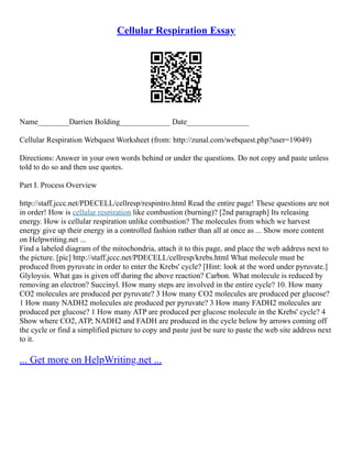 Cellular Respiration Essay
Name________Darrien Bolding_____________ Date________________
Cellular Respiration Webquest Worksheet (from: http://zunal.com/webquest.php?user=19049)
Directions: Answer in your own words behind or under the questions. Do not copy and paste unless
told to do so and then use quotes.
Part I. Process Overview
http://staff.jccc.net/PDECELL/cellresp/respintro.html Read the entire page! These questions are not
in order! How is cellular respiration like combustion (burning)? [2nd paragraph] Its releasing
energy. How is cellular respiration unlike combustion? The molecules from which we harvest
energy give up their energy in a controlled fashion rather than all at once as ... Show more content
on Helpwriting.net ...
Find a labeled diagram of the mitochondria, attach it to this page, and place the web address next to
the picture. [pic] http://staff.jccc.net/PDECELL/cellresp/krebs.html What molecule must be
produced from pyruvate in order to enter the Krebs' cycle? [Hint: look at the word under pyruvate.]
Glyloysis. What gas is given off during the above reaction? Carbon. What molecule is reduced by
removing an electron? Succinyl. How many steps are involved in the entire cycle? 10. How many
CO2 molecules are produced per pyruvate? 3 How many CO2 molecules are produced per glucose?
1 How many NADH2 molecules are produced per pyruvate? 3 How many FADH2 molecules are
produced per glucose? 1 How many ATP are produced per glucose molecule in the Krebs' cycle? 4
Show where CO2, ATP, NADH2 and FADH are produced in the cycle below by arrows coming off
the cycle or find a simplified picture to copy and paste just be sure to paste the web site address next
to it.
... Get more on HelpWriting.net ...
 