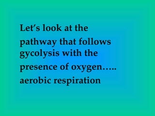 Let’s look at the
pathway that follows
gycolysis with the
presence of oxygen…..
aerobic respiration
 
