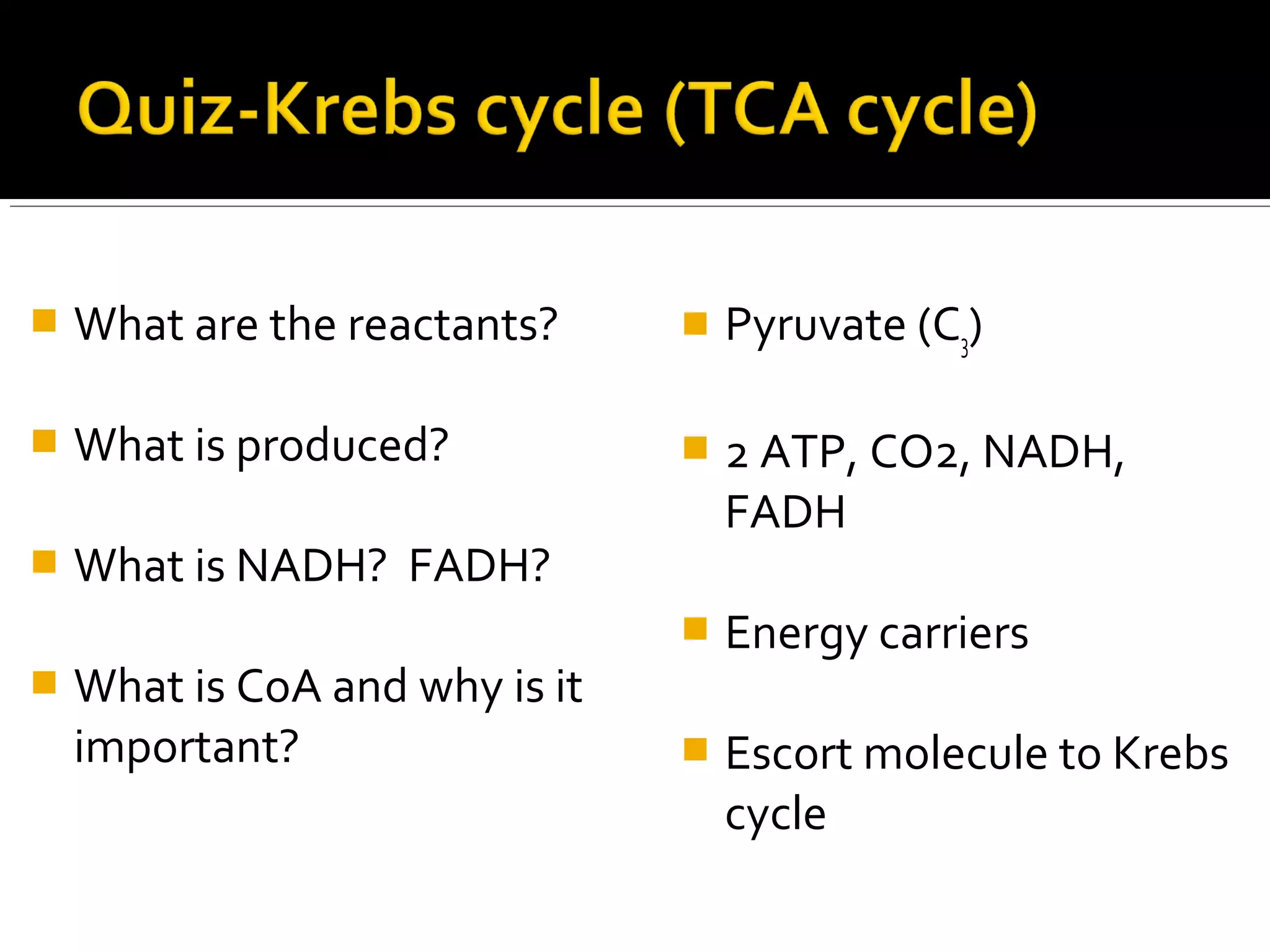    What are the reactants?        Pyruvate (C3)

   What is produced?              2 ATP, CO2, NADH,
                                    FADH
   What is NADH? FADH?
                                   Energy carriers
   What is CoA and why is it
    important?                     Escort molecule to Krebs
                                    cycle
 