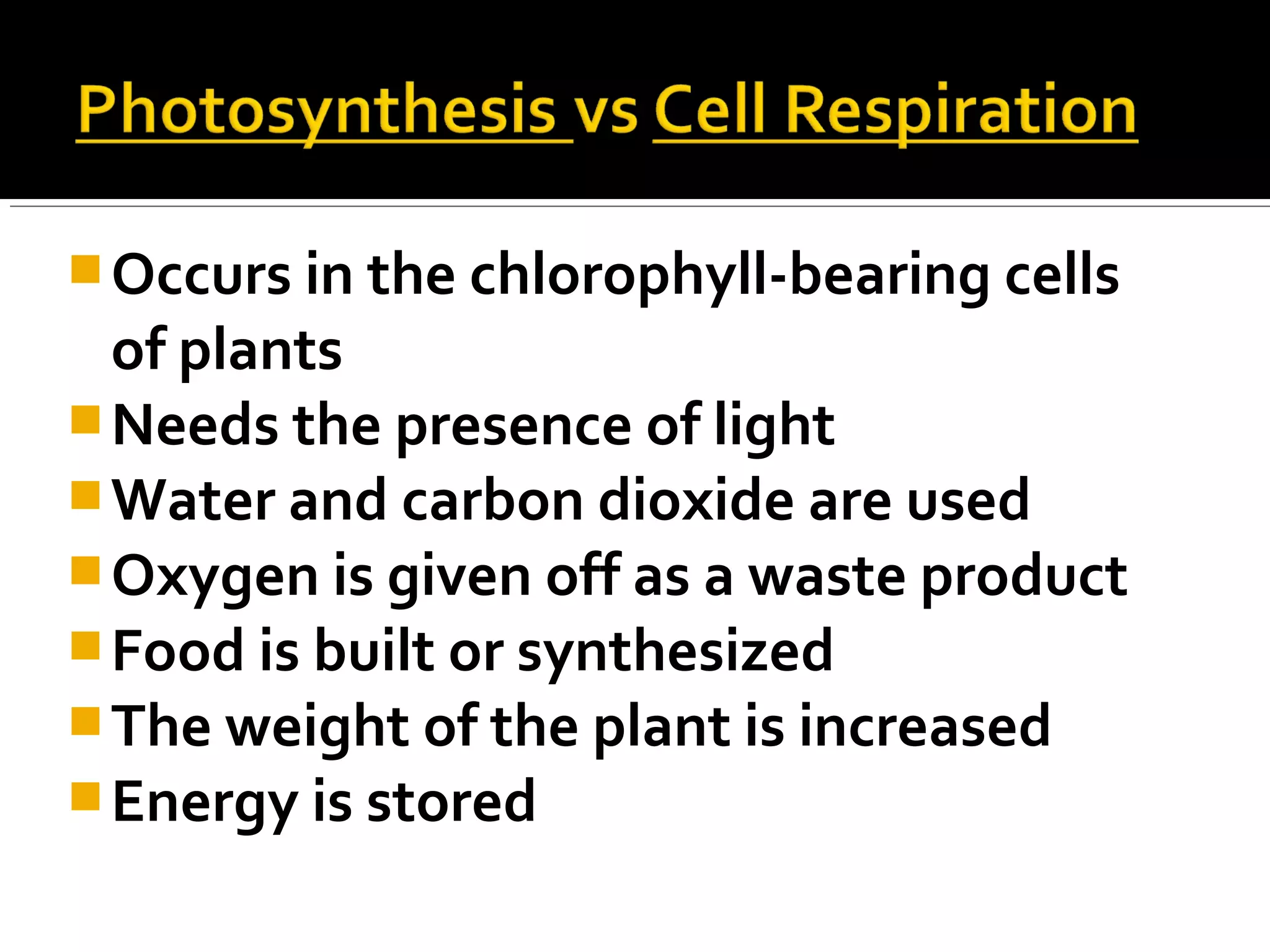  Occurs in the chlorophyll-bearing cells
  of plants
 Needs the presence of light
 Water and carbon dioxide are used
 Oxygen is given off as a waste product
 Food is built or synthesized
 The weight of the plant is increased
 Energy is stored
 