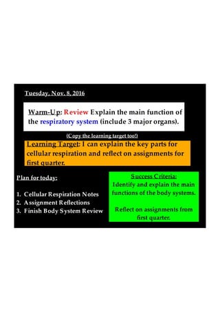 Cellular Respiration and Assignment Reflection