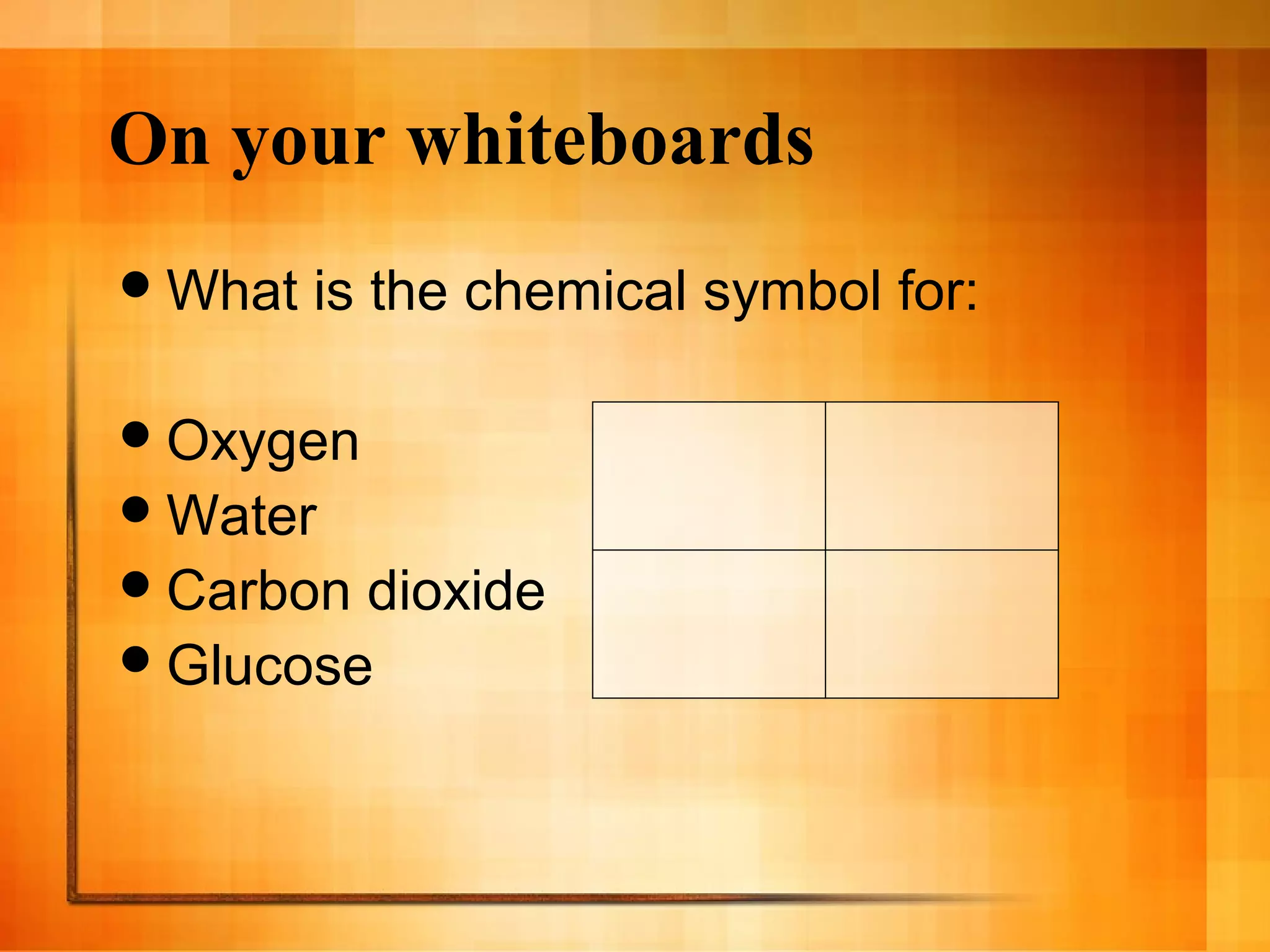 On your whiteboards
What is the chemical symbol for:
Oxygen
Water
Carbon dioxide
Glucose
 