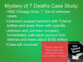 Mystery of 7 Deaths Case Study:
•1982 Chicago Area: 7 Die of unknown
cases
•Unknown suspect tampers with Tylenol
bottles and laces them with cyanide
•Johnson and Johnson company
immediately calls back product from
shelves and loses about $100 million
•Case still unsolved
 