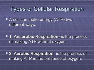 Types of Cellular RespirationTypes of Cellular Respiration
 A cell can make energy (ATP) twoA cell can make energy (ATP) two
different ways.different ways.
 1. Anaerobic Respiration-1. Anaerobic Respiration- is the processis the process
of making ATP without oxygen.of making ATP without oxygen.
 2. Aerobic Respiration2. Aerobic Respiration- is the process of- is the process of
making ATP in the presence of oxygen.making ATP in the presence of oxygen.
 
