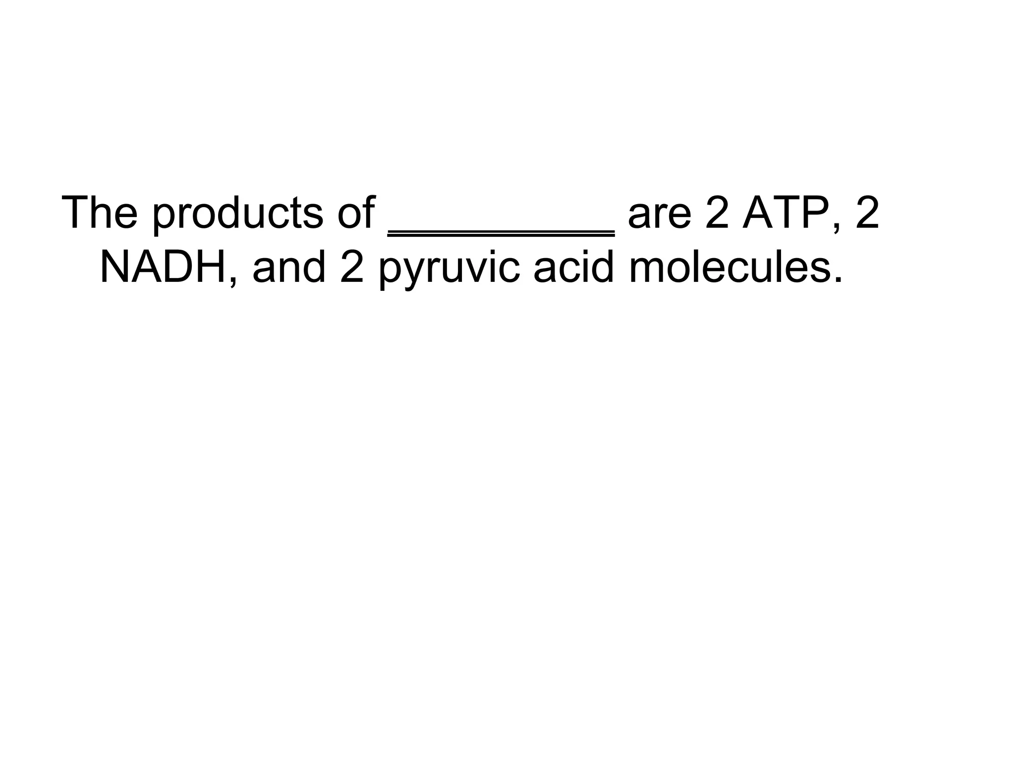 The products of _________ are 2 ATP, 2
 NADH, and 2 pyruvic acid molecules.
 