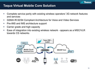 Proprietary & Confidential 15
 Complete service parity with existing wireless operators’ 3G network features
and services
 GSMA IR.92/94 Compliant Architecture for Voice and Video Services
 Pre-IMS and IMS architecture support
 Carrier grade and high capacity
 Ease of integration into existing wireless network - appears as a MSC/VLR
towards CS networks
Taqua Virtual Mobile Core Solution
MSC
HLR IMS/SIP Core
Taqua VMC –
VoWiFi
HSS
Mobile Circuit
Switched Core
SMS-C
SCP
 
