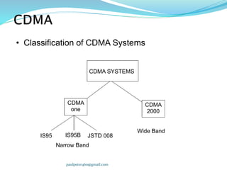 • Classification of CDMA Systems
CDMA
one
CDMA
2000
IS95 IS95B JSTD 008
Narrow Band
Wide Band
CDMA SYSTEMS
paulpeter460@gmail.com
 